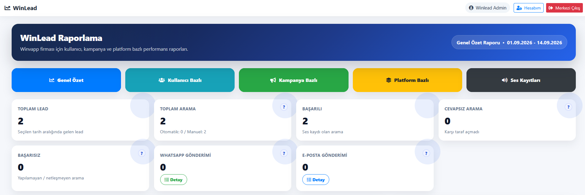 WinLead kullanım kılavuzundan raporlama ekranı